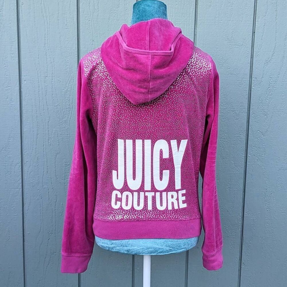 Juicy Couture Y2K Hot Pink Velour Bling Rhinestone Zip up Tracksuit Jacket. Medi